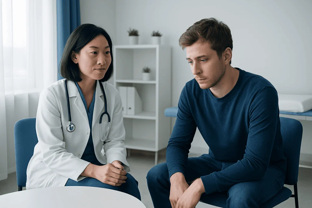 Doctor consulting with a young male patient in a medical office.