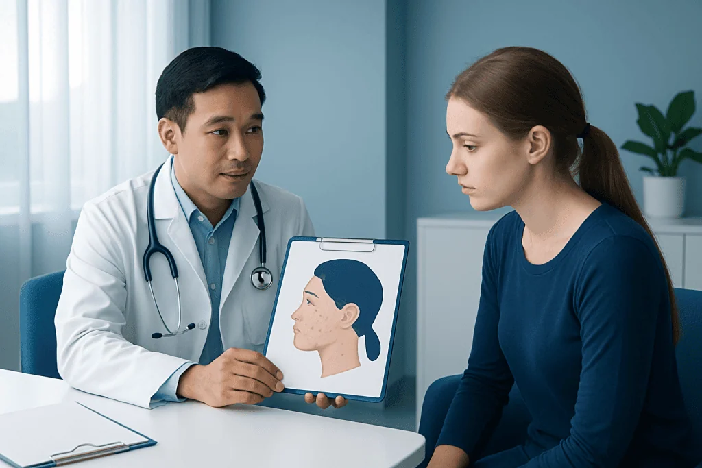Doctor explaining skin diagram to young woman in consultation room.