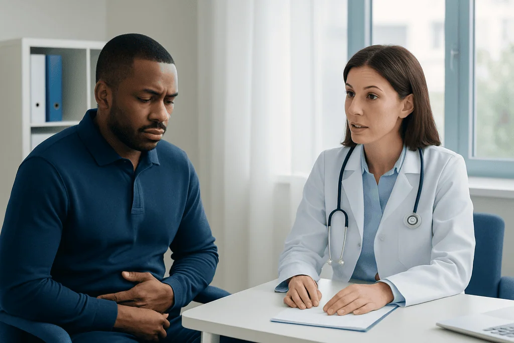 Doctor consulting with patient in a medical office setting.