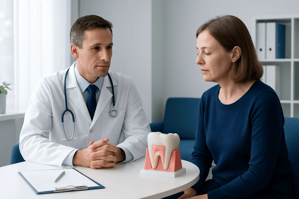 Dentist consulting with a patient about gum health and treatment options.