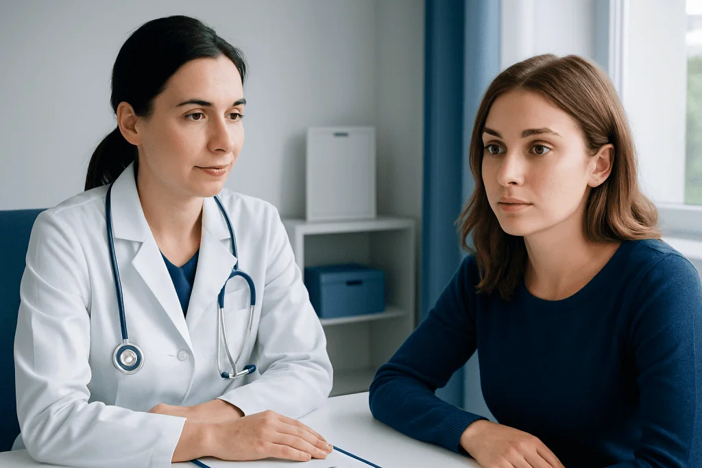 Doctor consulting with a young female patient in a medical office.