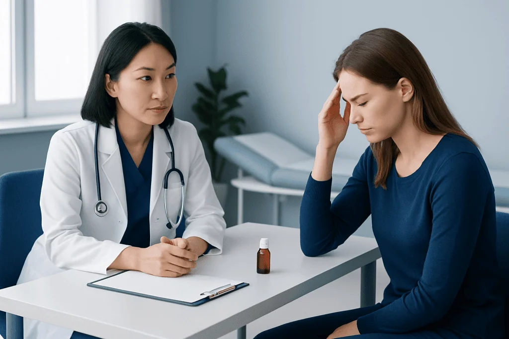 Doctor consulting a patient with headache at clinic.