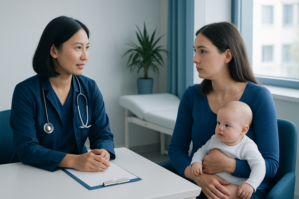 Pediatric consultation at Acibadem Hospital with doctor and mother with baby.