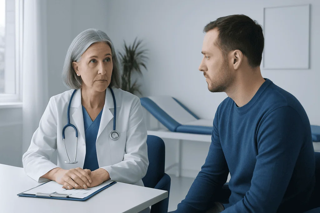 Doctor consulting with a male patient in a hospital room.