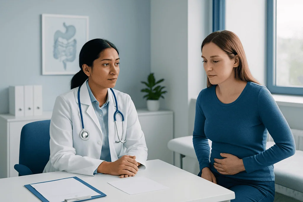 Doctor consulting with a patient about digestive health in a modern clinic.