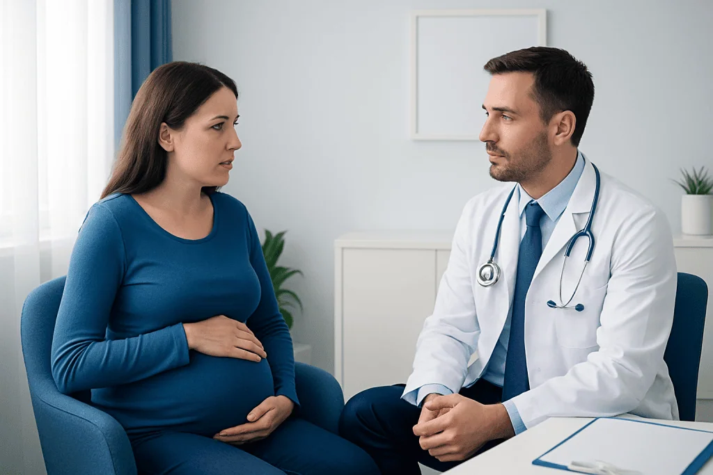 Pregnant woman consulting with a doctor in a medical office.