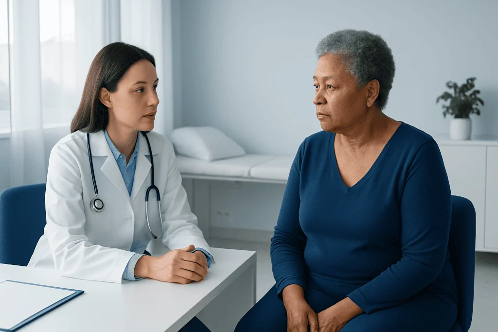 Doctor consulting with an older female patient in a medical office.