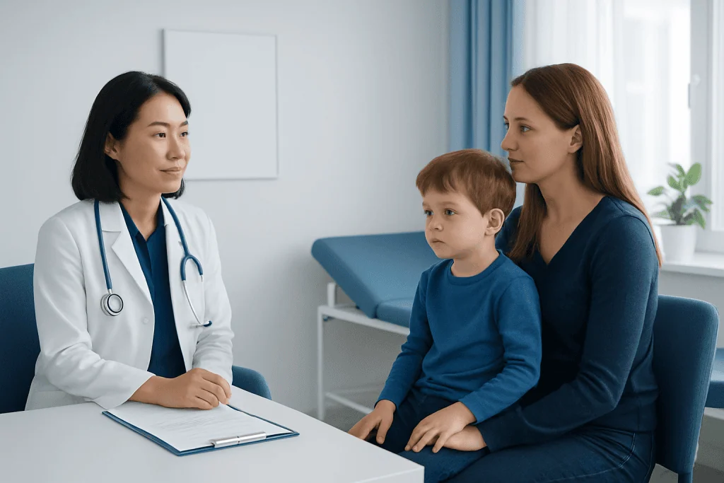 Pediatric consultation at Acibadem Hospital with doctor and mother with child.