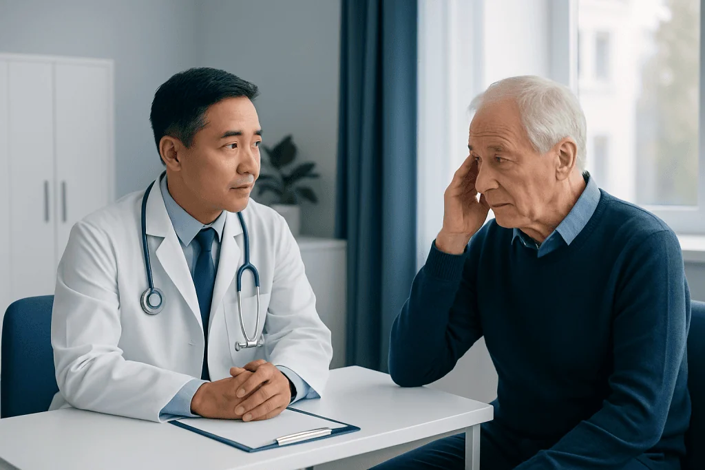 Doctor consulting with elderly patient about cognitive health in a clinic.