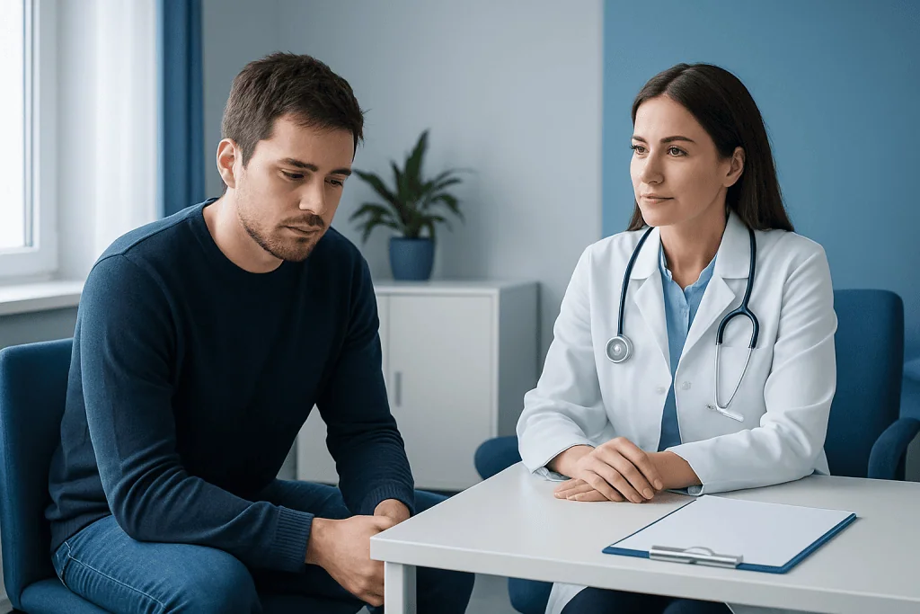 Doctor consulting with a male patient in a medical office setting.