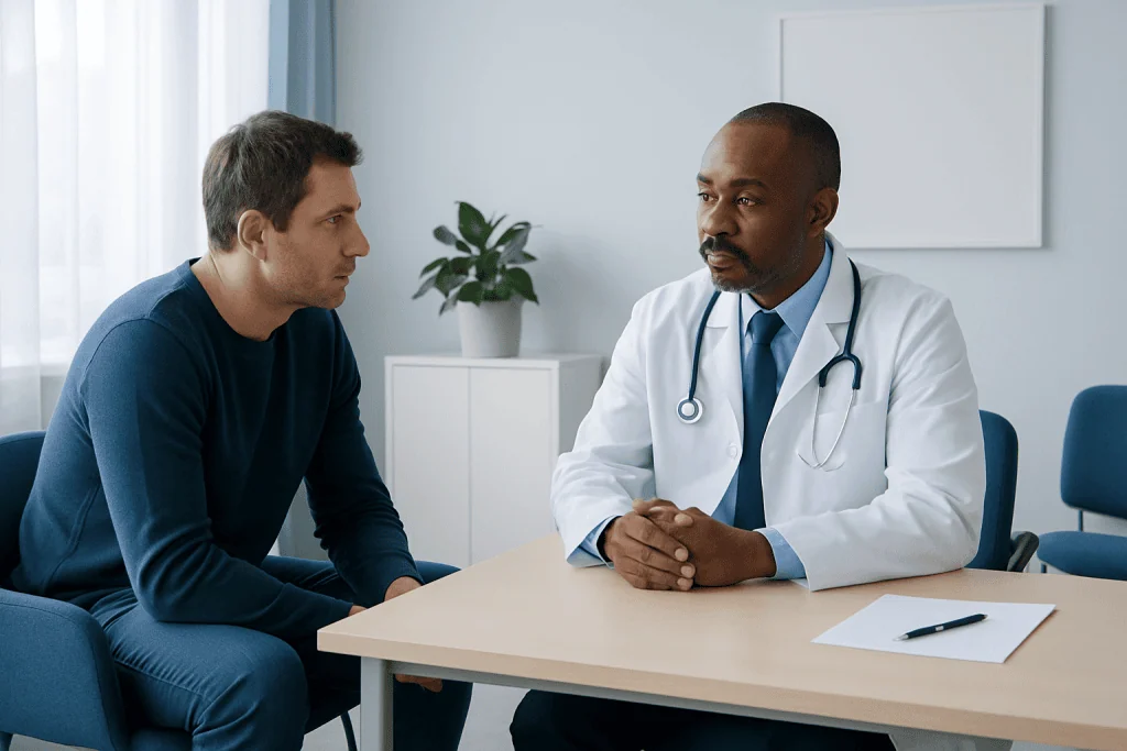 Doctor consulting with patient in a medical office setting.