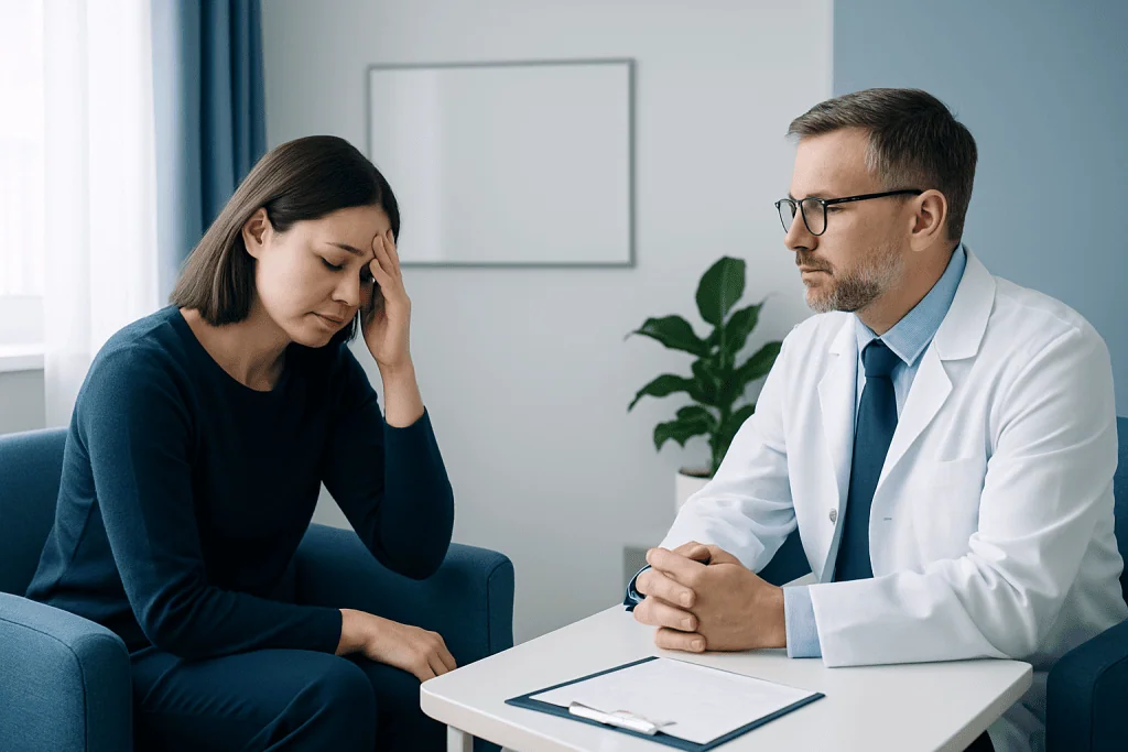 Patient experiencing stress during medical consultation at Acibadem Hospital.