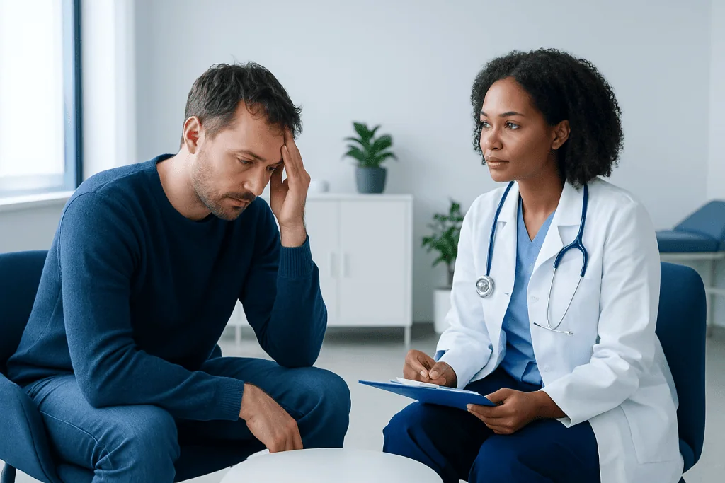 Patient consulting with doctor about mental health concerns in a clinical setting.