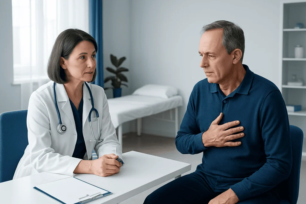 Doctor consulting with a male patient in a medical office.