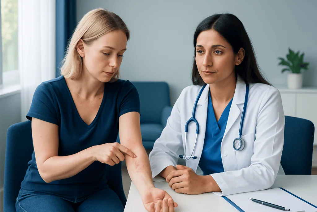 Doctor examines patient's arm for skin condition at Acibadem Hospital.