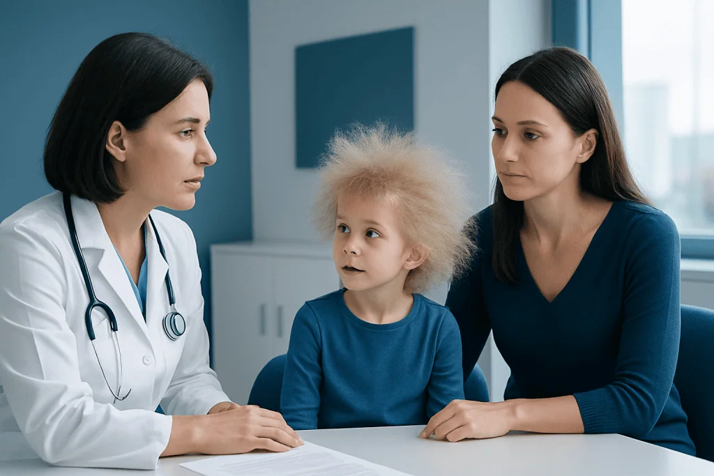 Doctor consulting with a young girl with unkempt hair and her mother.