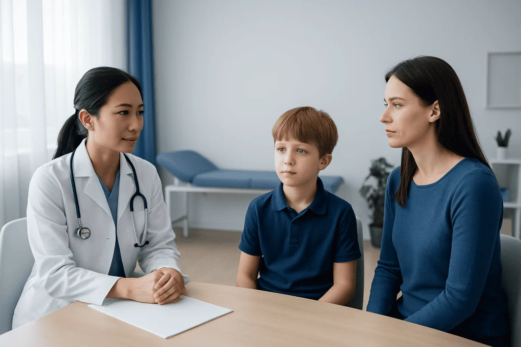 Pediatric consultation at Acibadem Hospital with doctor and mother.