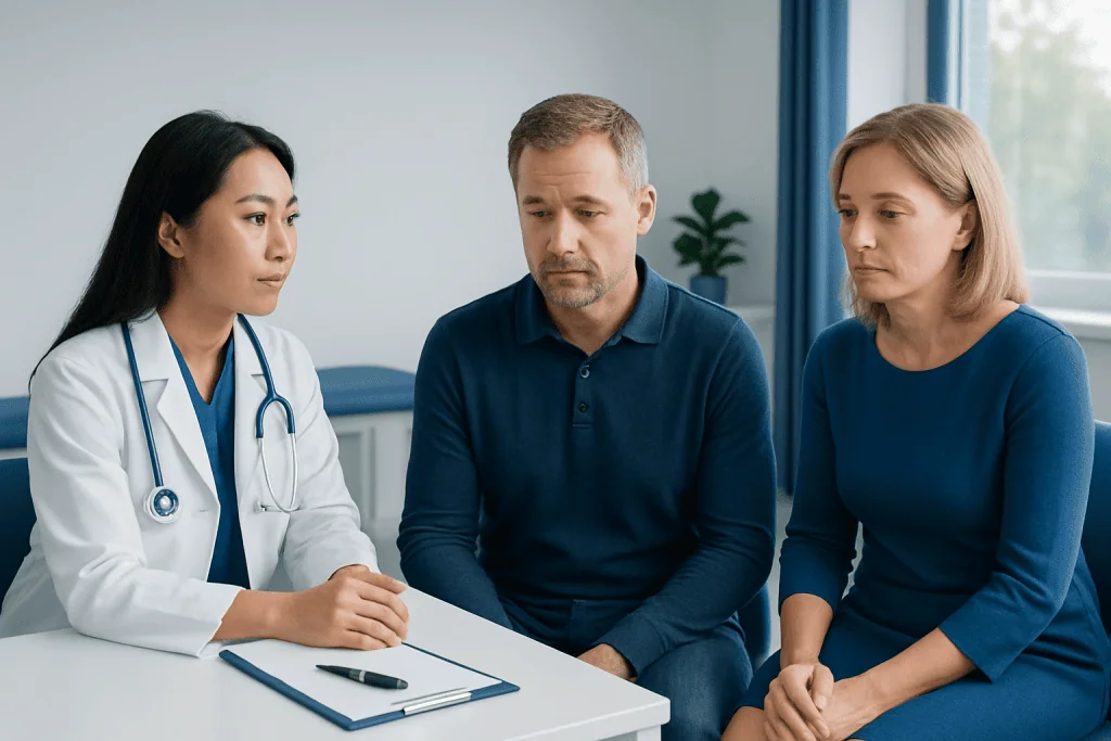 Doctor consulting with a patient and companion in a hospital room.