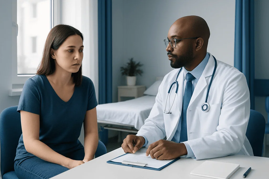 Doctor consulting with a patient in a hospital room.