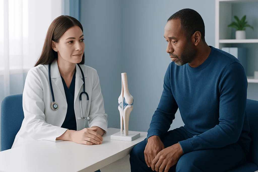 Doctor explaining knee health to patient in consultation room.