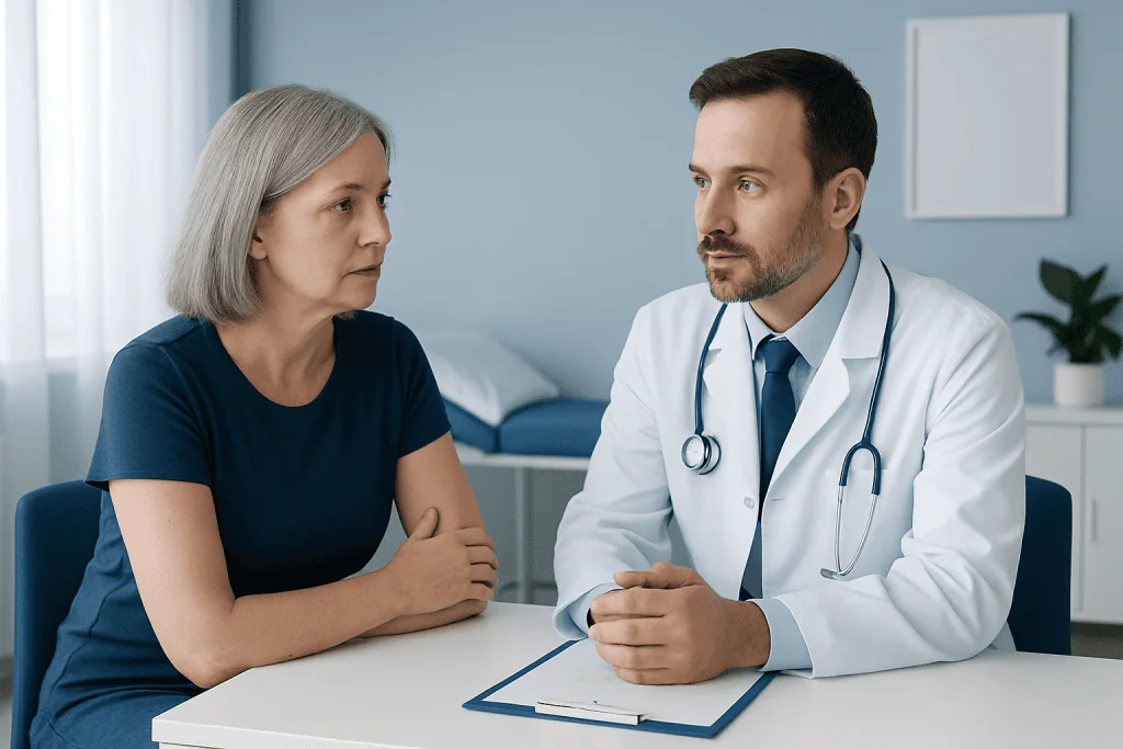 Doctor consulting with a middle-aged female patient in a medical office.