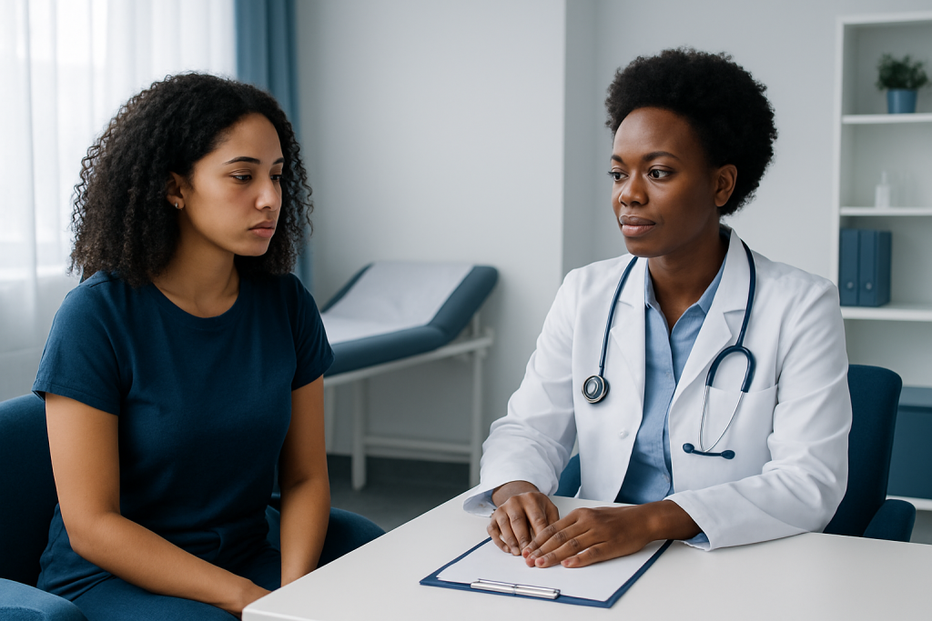 Doctor consulting with a young female patient in a clinic setting.