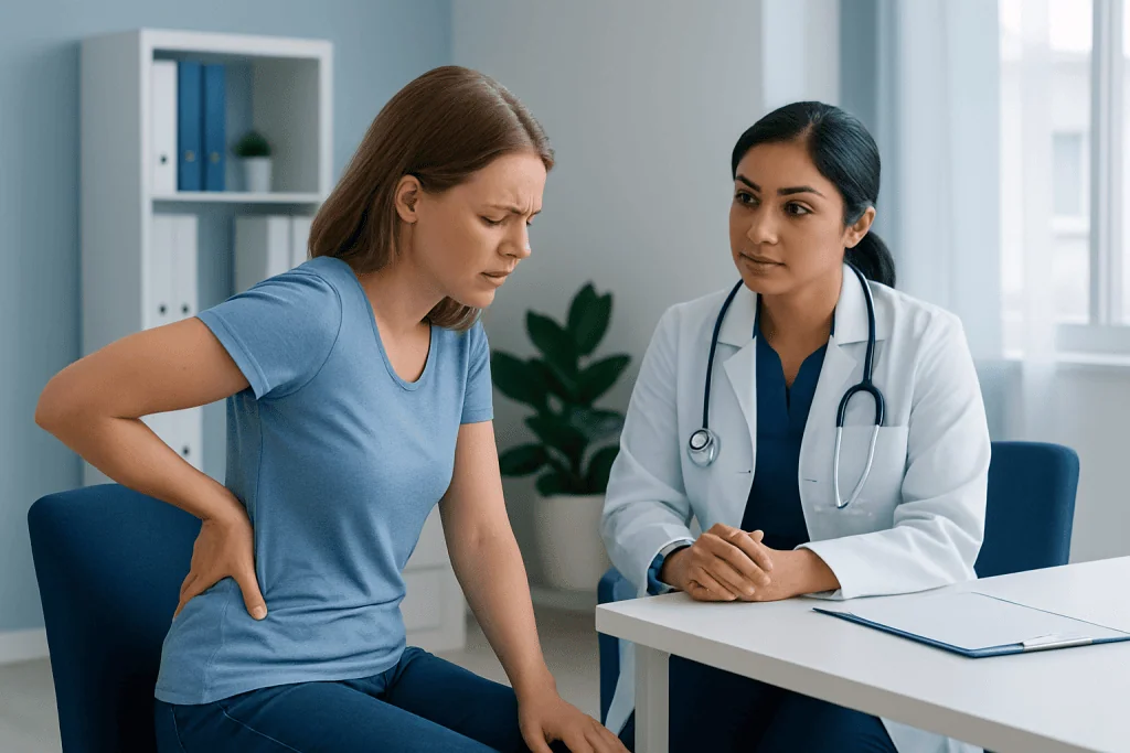 Female patient experiencing lower back pain during medical consultation.
