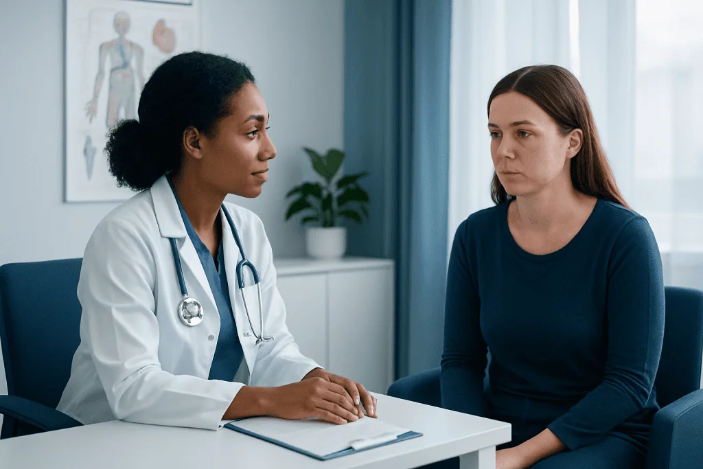 Doctor consulting with patient in a medical office setting.