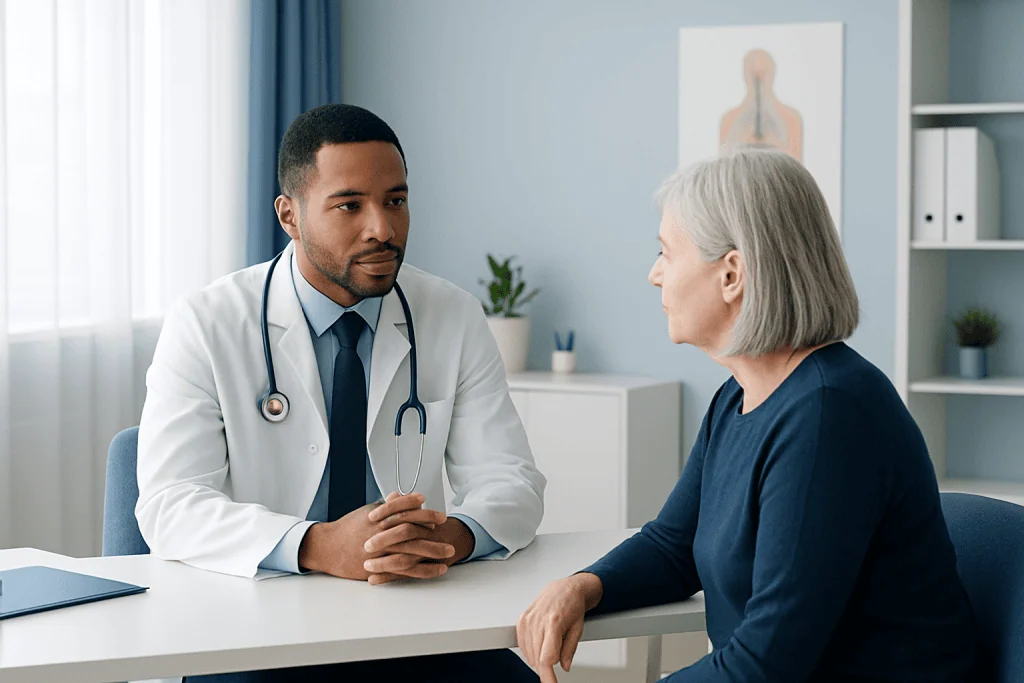 Doctor consulting with an elderly female patient in a modern clinic.