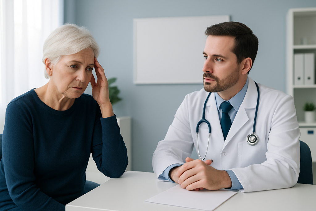 Doctor consulting with an elderly woman about memory issues in a clinic.