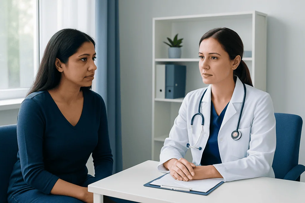 Doctor consulting a patient about anemia symptoms in a clinic setting.