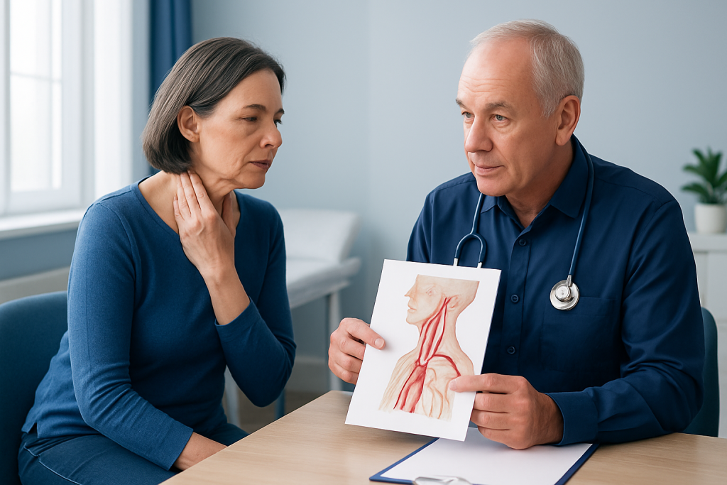 Doctor explaining neck artery diagram to a patient in a consultation room.