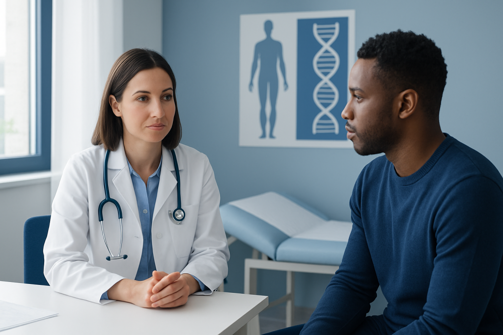 Doctor consulting patient about genetic health in a medical office.