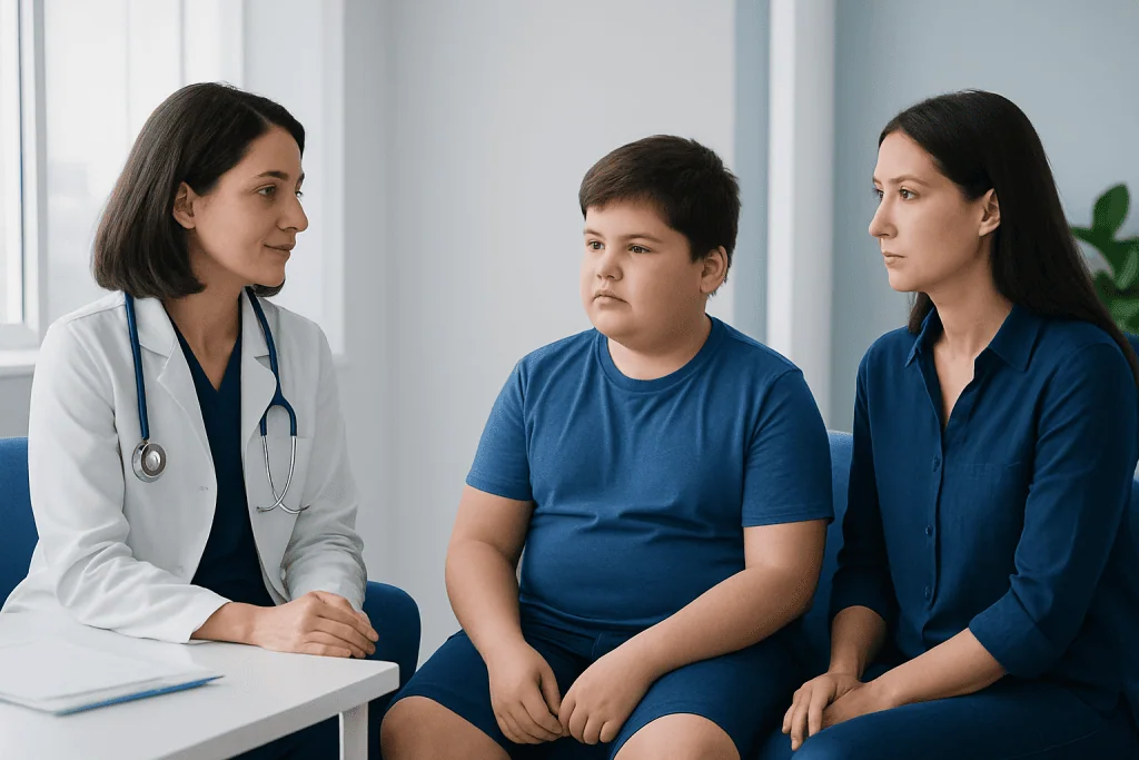 Doctor consulting with a young boy and his mother in a medical office.
