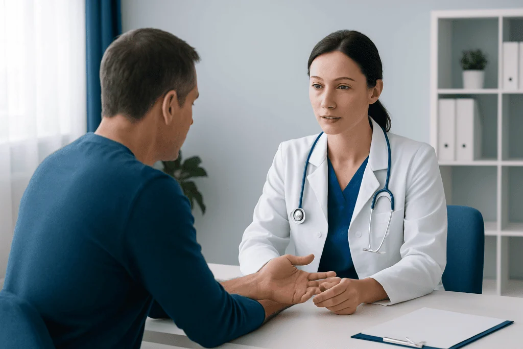 Doctor consulting with patient about hand numbness symptoms.