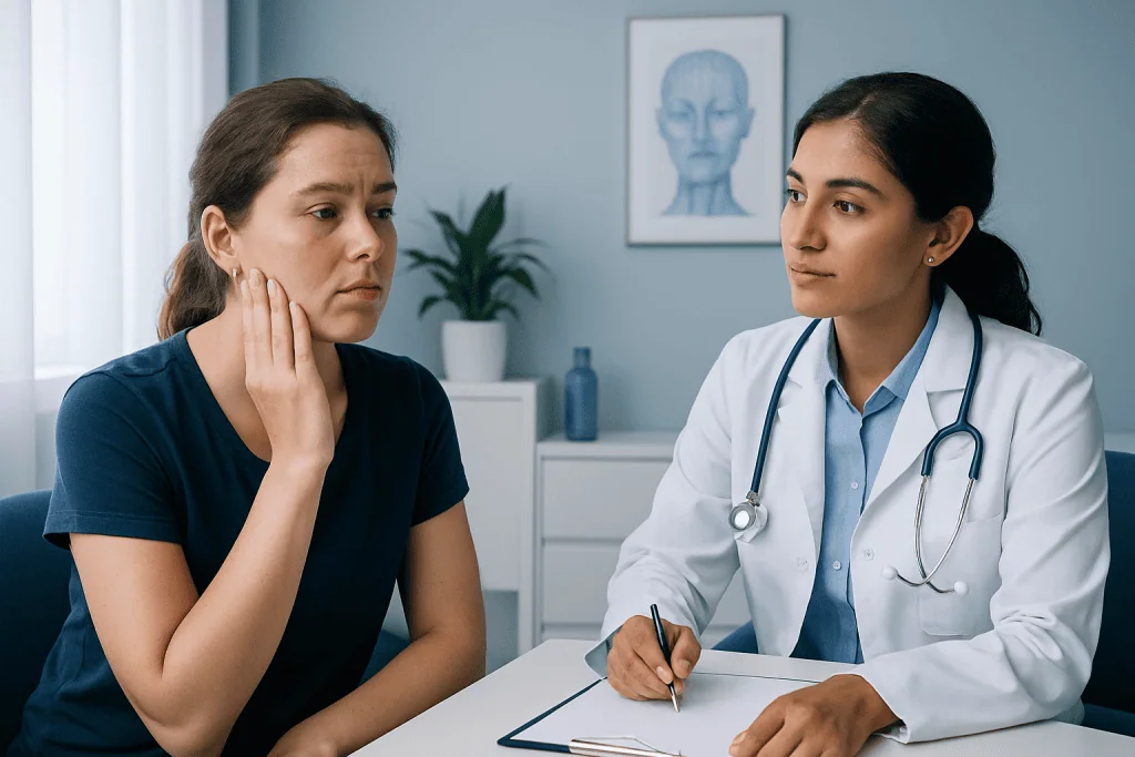 Doctor consulting with a patient about skin concerns in a medical office.