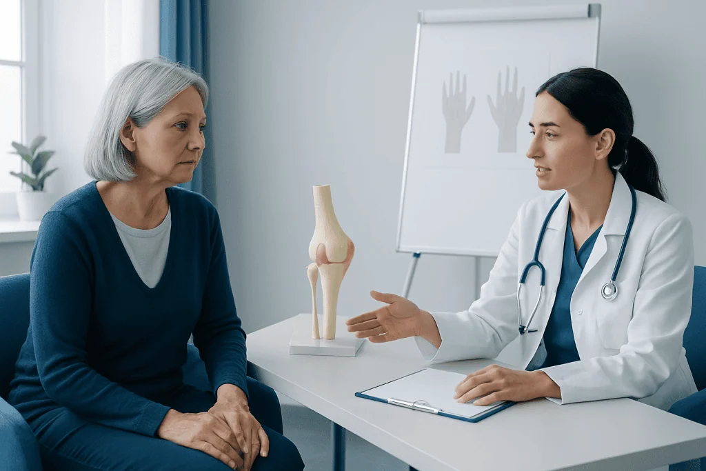 Doctor explaining knee joint issues to an elderly woman in a clinic.