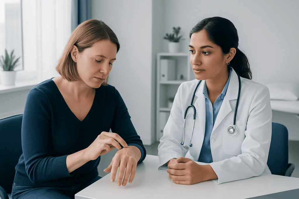 Doctor consulting with patient about skin treatment in a medical office.
