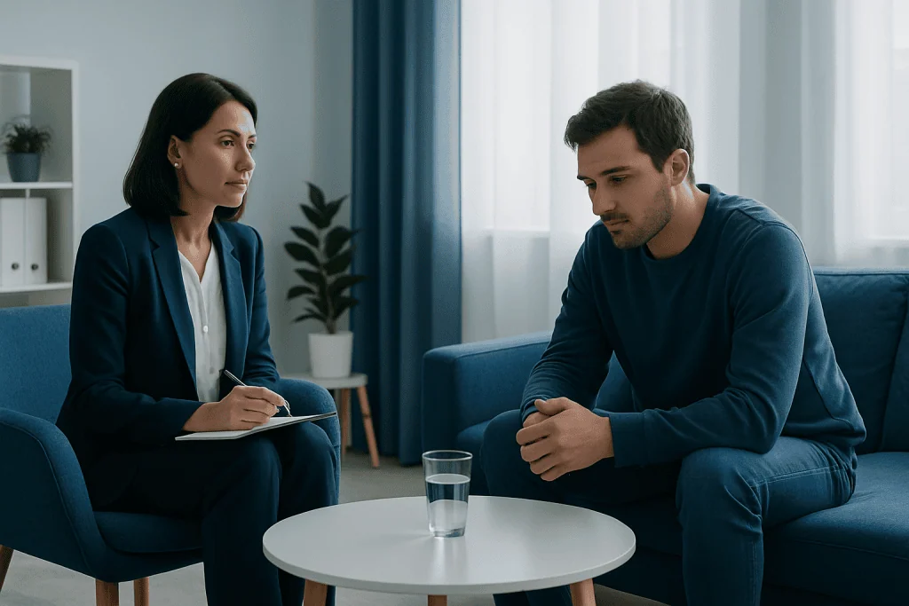 Therapist and patient in a counseling session at Acibadem Hospitals Group.