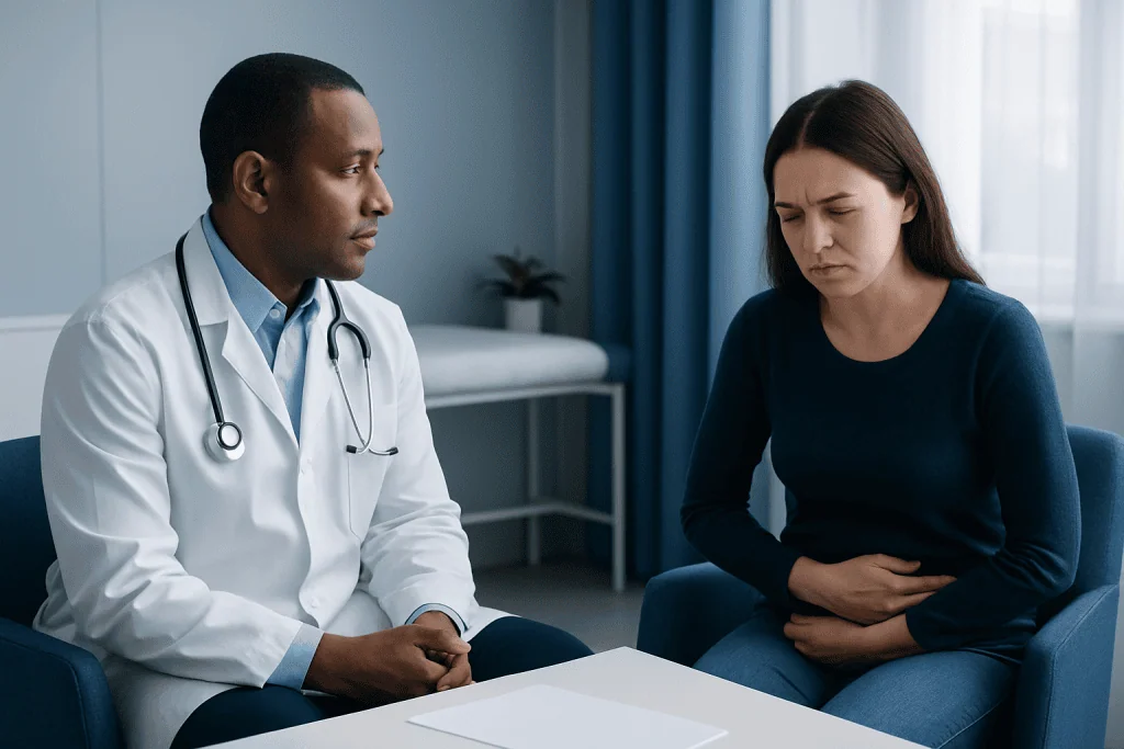 Doctor consulting with a woman patient in a medical office setting.