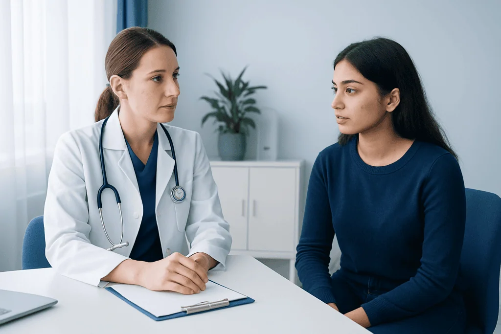 Doctor consulting a patient about skin health and pimples treatment.