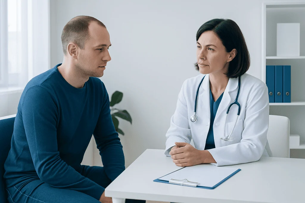 Doctor consulting with patient in a medical office setting.