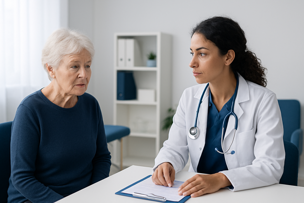 Doctor consulting with elderly woman in a medical office setting.
