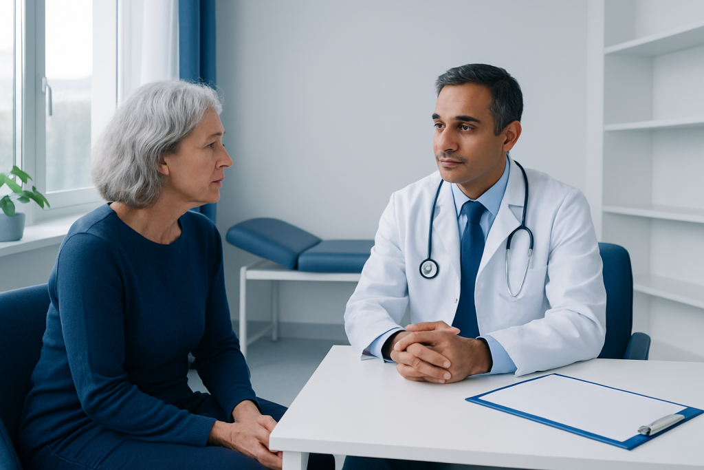 Doctor consulting with an elderly female patient in a medical office.