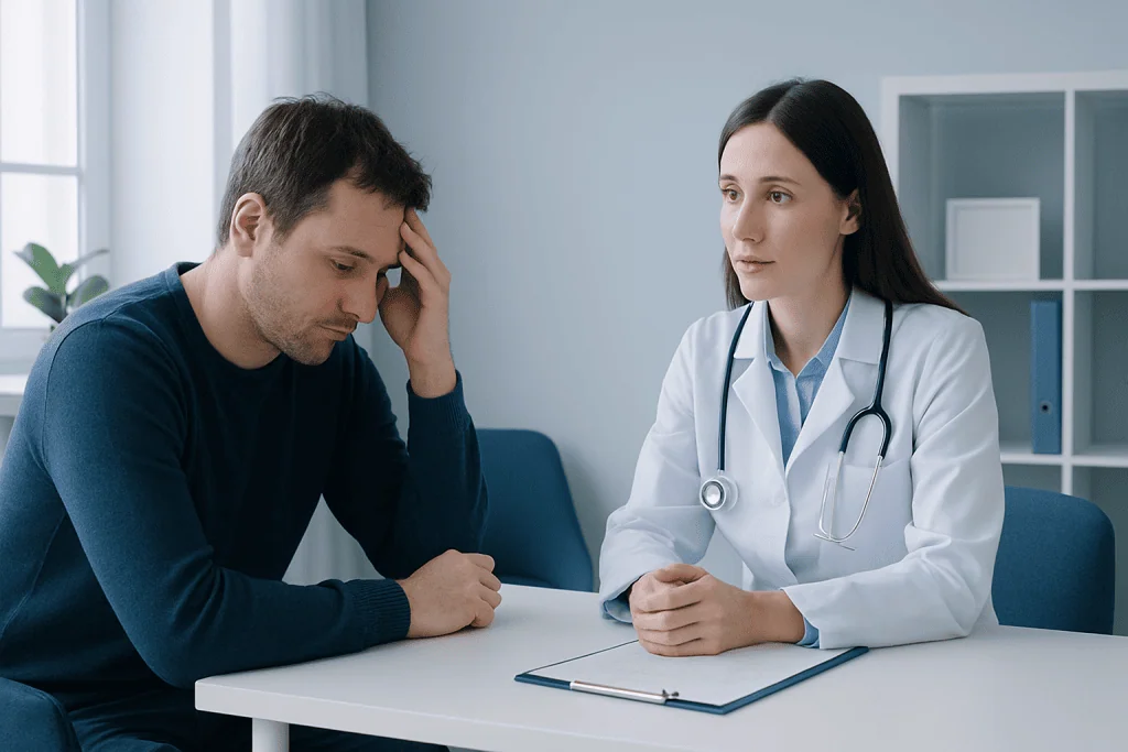Patient consulting with a doctor about concentration issues in a medical office.