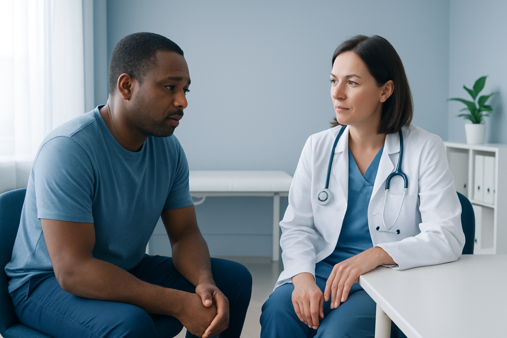 Doctor consulting with male patient in a medical office setting.