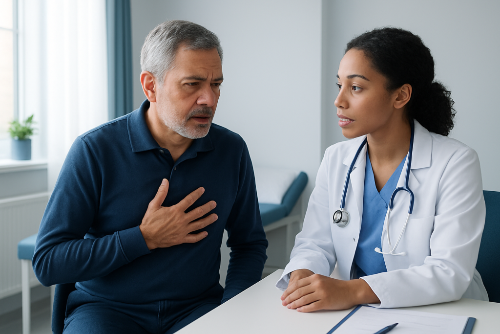 Doctor consulting with a patient about chest pain symptoms.