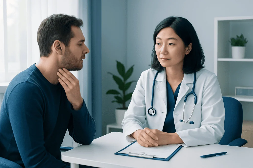 Doctor consulting with a male patient in a modern clinic setting.