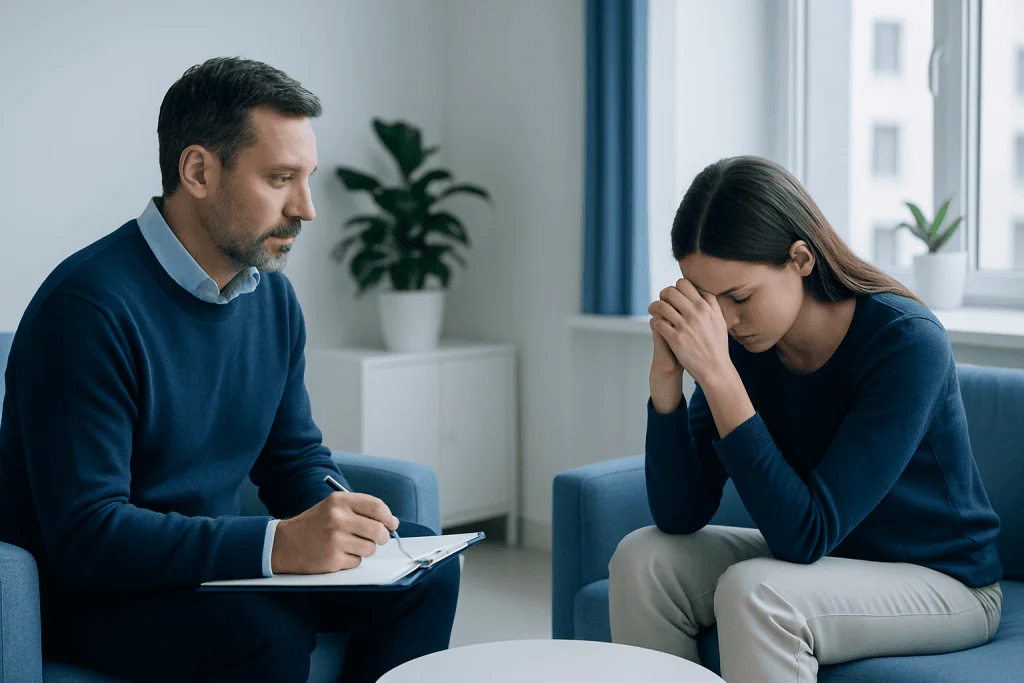 Therapist and patient in counseling session at Acibadem Hospital.
