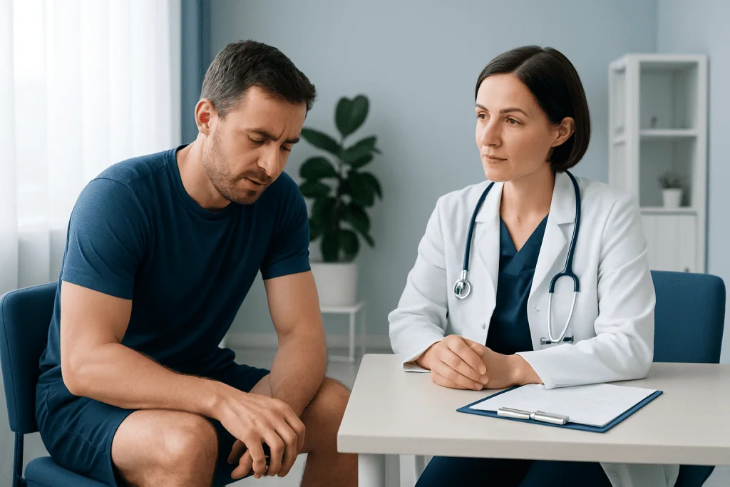 Doctor consulting with a patient about health concerns in a medical office.